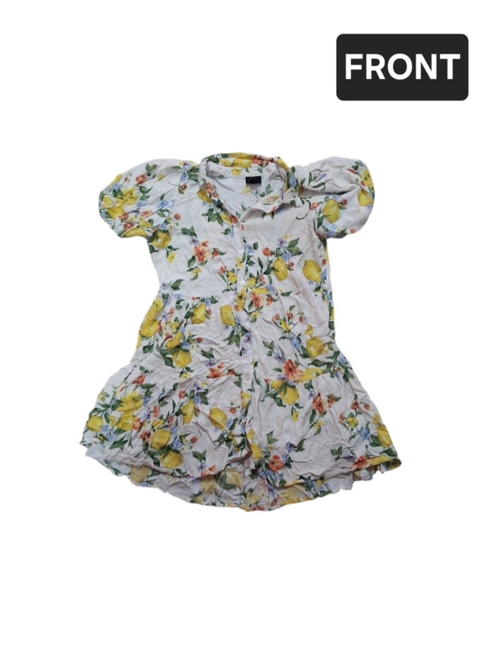 Women’s White Lemon Print Button-Front Dress with Puff Sleeves